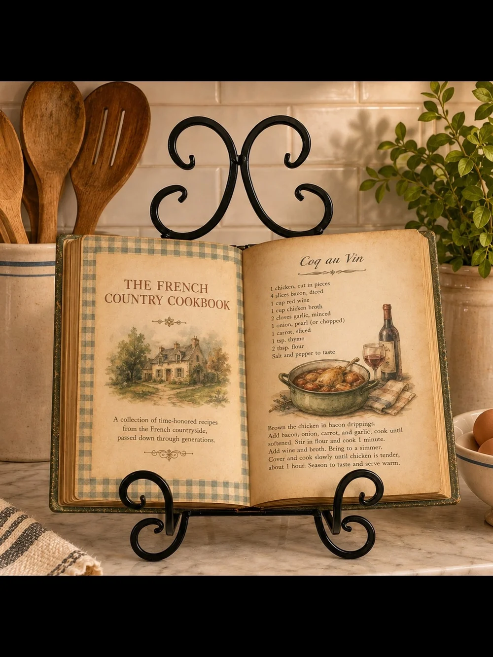Ornate Black Metal Scroll Display Stand for Cookbooks & Plates